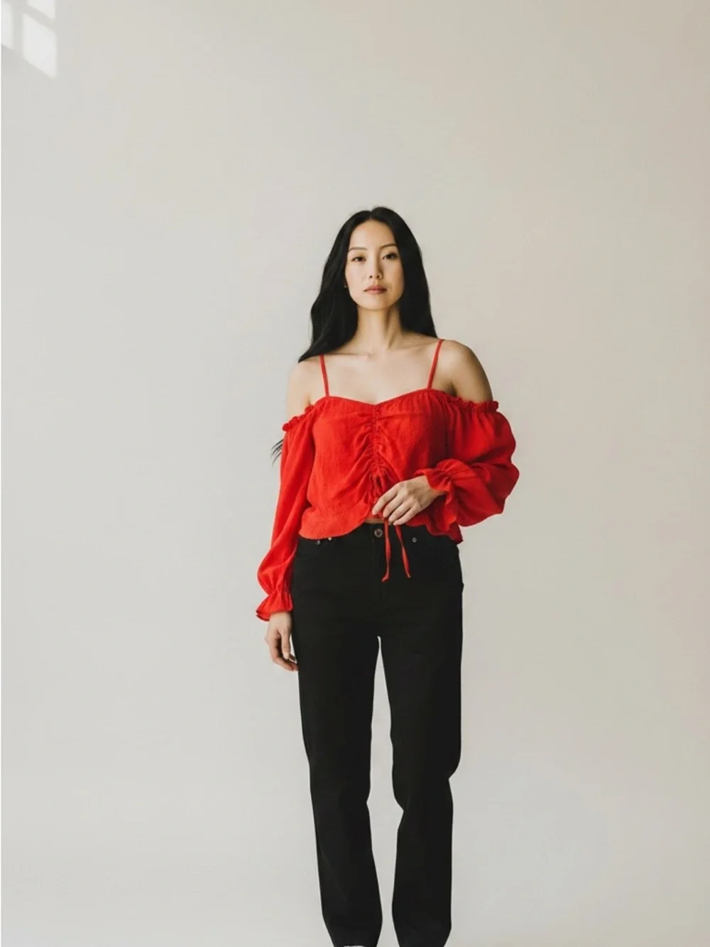 Divided Red Off-Shoulder Ruched Crop Top - Picture 2 of 3
